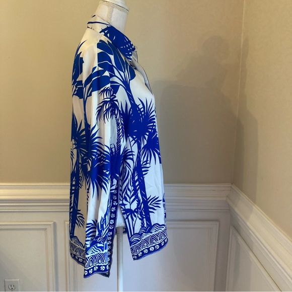 ZARA SET Blue White Tropical Palm Print Satin Button Down Shirt & Bermuda Shorts - Picture 3 of 15